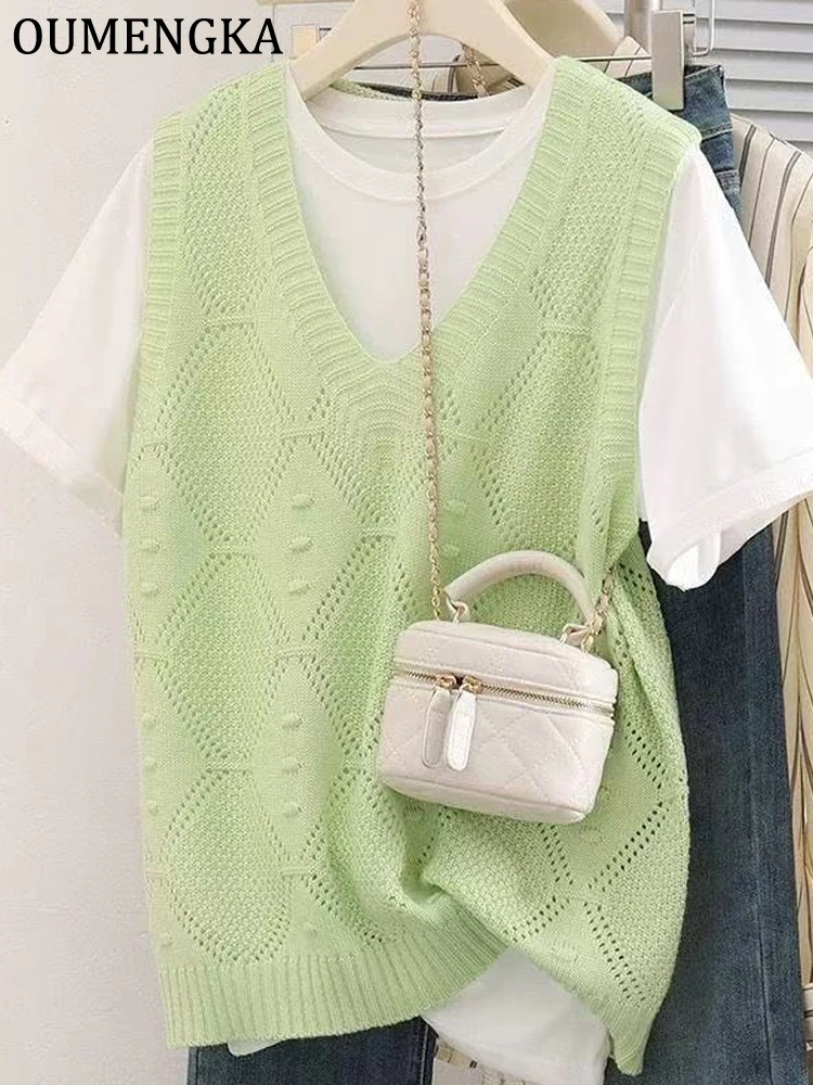 

OUMENG женский летний свитер, жилет свежего цвета с v-образным вырезом, повседневный свободный крой, вязаный топ без рукавов, повседневная легкая одежда