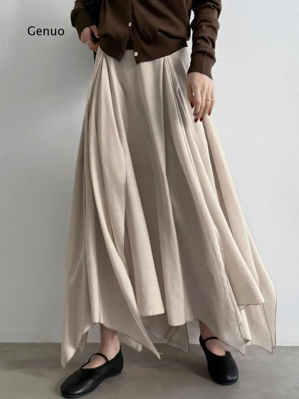 2026 Women Irregular Textured A Line Maxi Skirt High Waist Pleated Long Skirt Autumn Winter Daily Wear