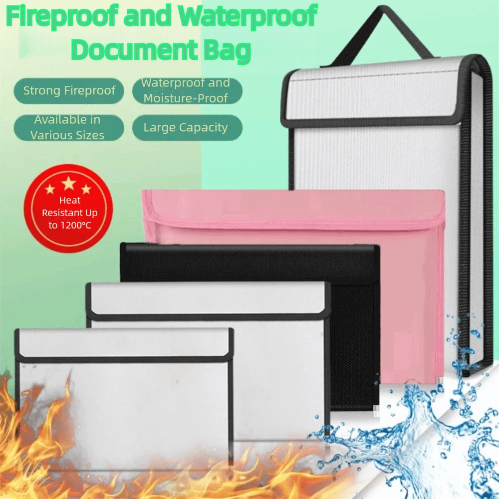 Zipper Closure Fireproof Document Bag Waterproof S/M/L Cash Safe Storage Pouch Double Layer Top Handle