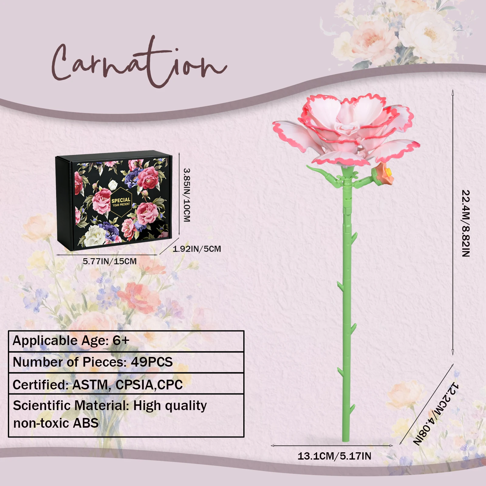 Carnation Blossoms Building Block Bouquet Flowers Featuring Gradient Petal Details Ideal for Tabletop Display Home Deco（49 Pcs）