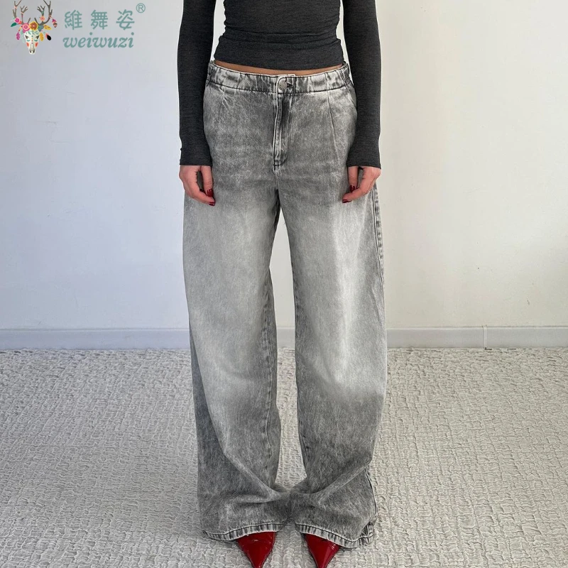 กางเกงยีนส์ผู้หญิงสีเทาสไตล์ฮาราจูกุ ขากว้างลำลอง กอธ เอวสูง ทรงตรง สตรีทแวร์ ทรงหลวม Y2K