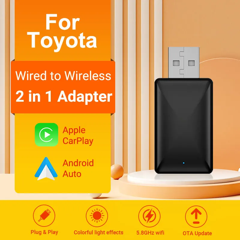 محول Carplay اللاسلكي Android Auto Wireless Smart Dongle 2in1 لتويوتا RAV4 كامري كورولا كراون هايلاندر تاكوما بريوس