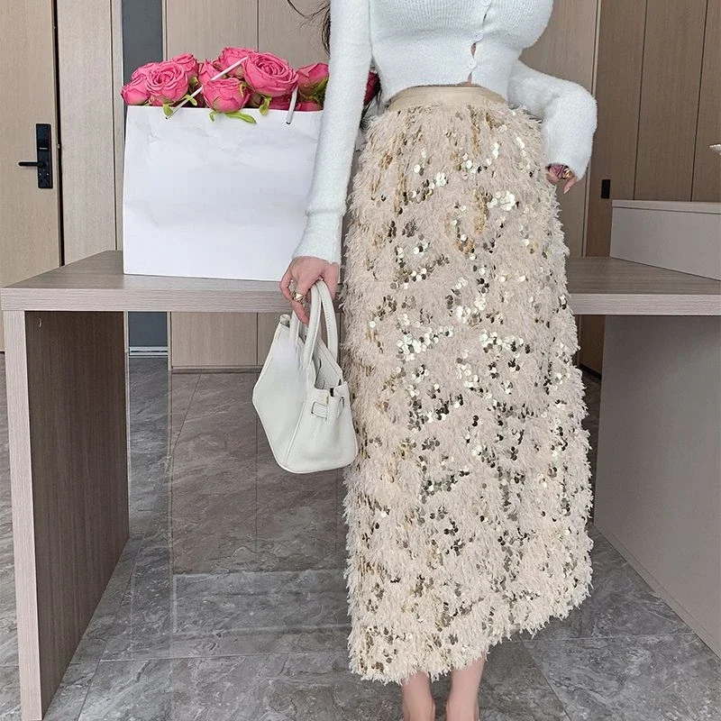 A Line Jupe Heavy Industry Sequin Tassel Feather Skirts Black Vintage Office Lady Women Skirt Faldas Mujer Moda 2025 Long