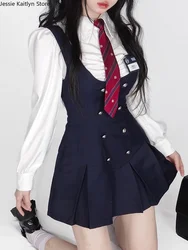 Autumn Japanese Kawaii School Uniform Women Korean Cute College Student JK Uniform Vintage White Shirt and Strap Dress Sets 2023