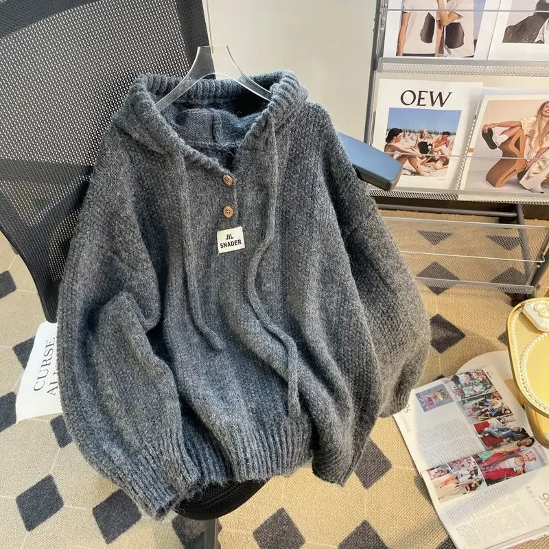 Loose Lazy Style Hooded Sweater for Women Soft and Thick Drawstring Knitted Sweater Top