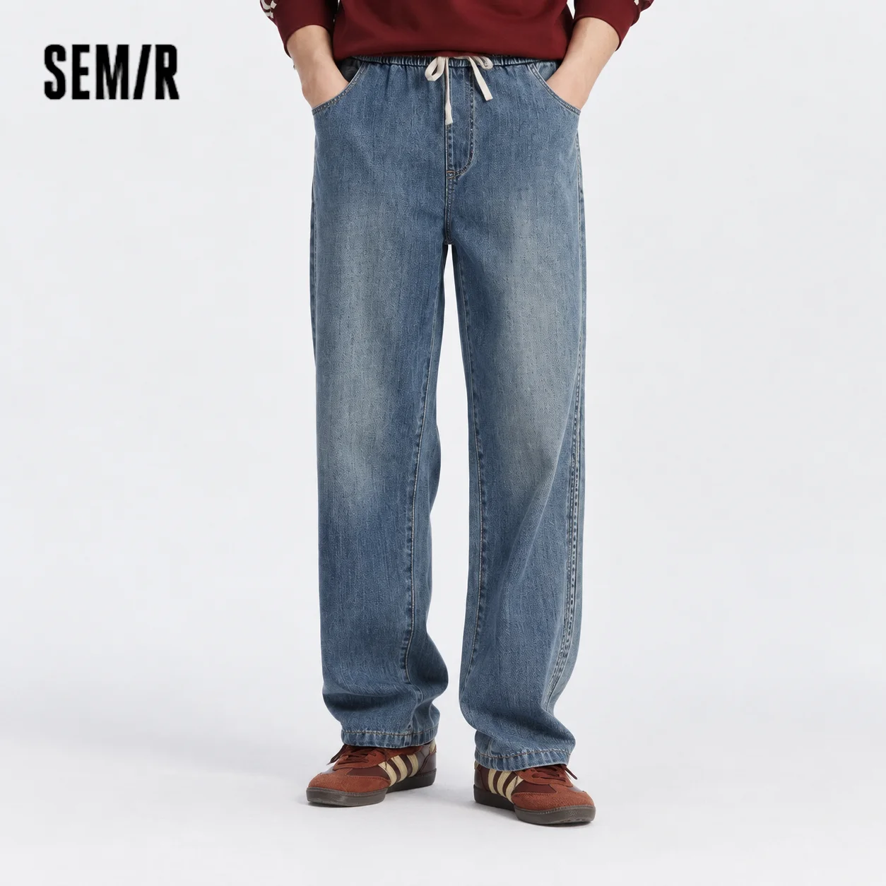 Semir Men Jeans Retro Wide Straight Side Stripe Elastic Waist 2026 Autumn Soft Denim Pants Casual Street Style Daily Wear