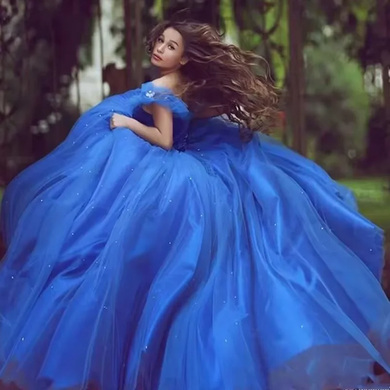 Cinderela azul real quinceanera vestidos de baile fora do ombro inchado tule frisado festa doce 16 vestido