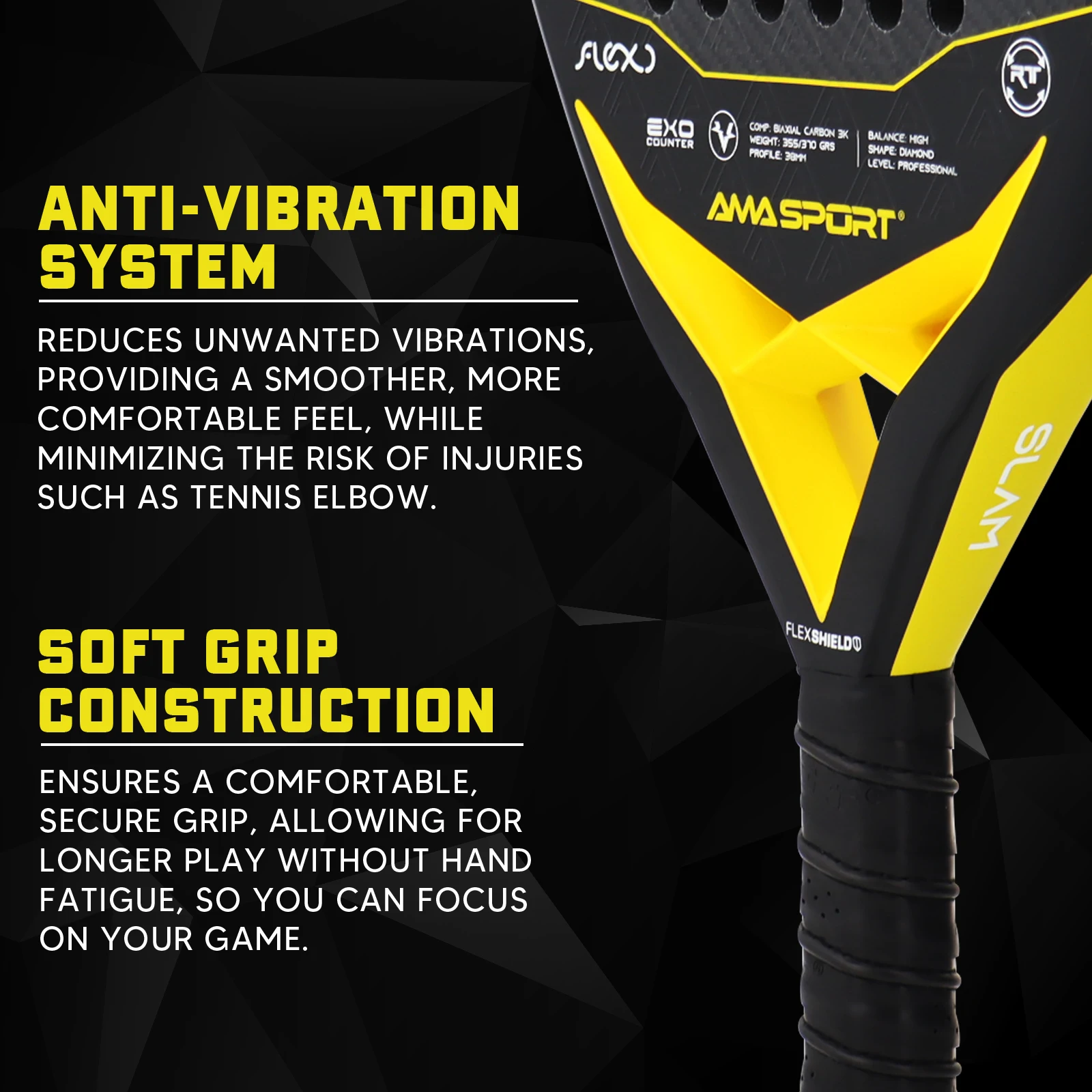 مضارب تنس باديل 3K من AMASPORT، مضرب مجداف بوب FC خفيف الوزن مع قبضة ناعمة ولون أصلي مناسب للمبتدئين