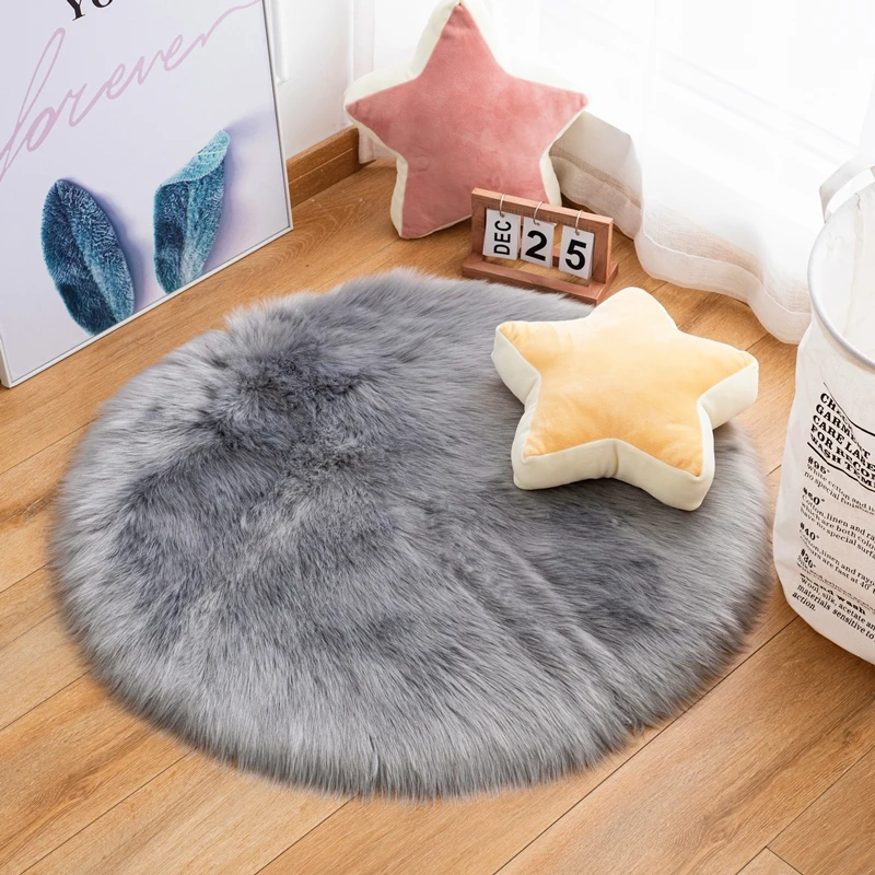 Shaggy Fur Rugs for Bedroom, Home Decor, Bedroom Floor Cushion, Plush Round Carpet, Sheepskin Pink Living Room