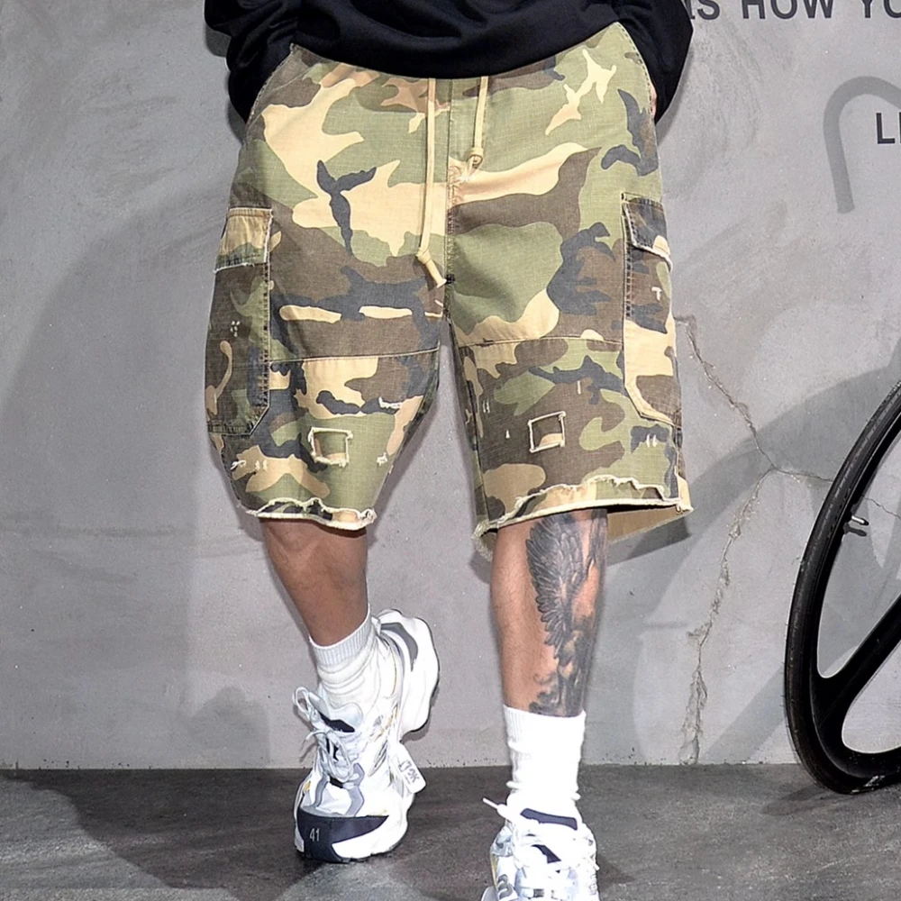 Mens Japanese Tactical Cargo Shorts Vintage Camo 5-Inch Distressed Oversized Summer Premium Straight Leg Streetwear Casual Pants
