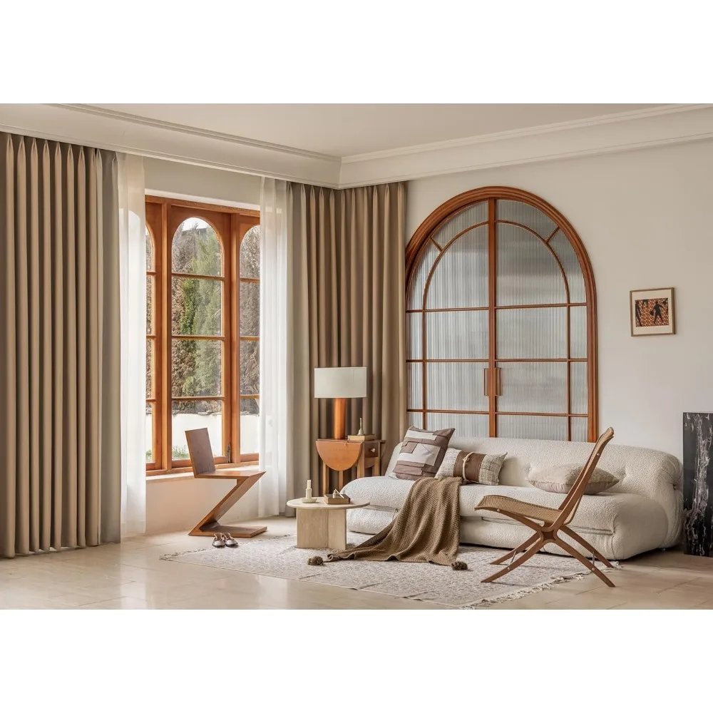 Zasłony okienne z efektem zaciemnienia, patchworkowe, z szenili, kolor jasny kawowy, 137x244 cm, z oczkami, do salonu.