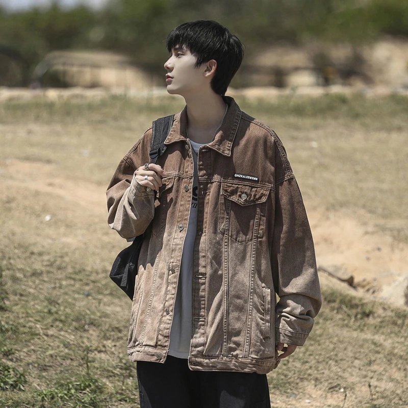 

Retro American Denim Jacket Men's Trendy Washed Gradient Oversize Brown Embroidery Jacket Youthful Style Autumn Long Sleeve L...