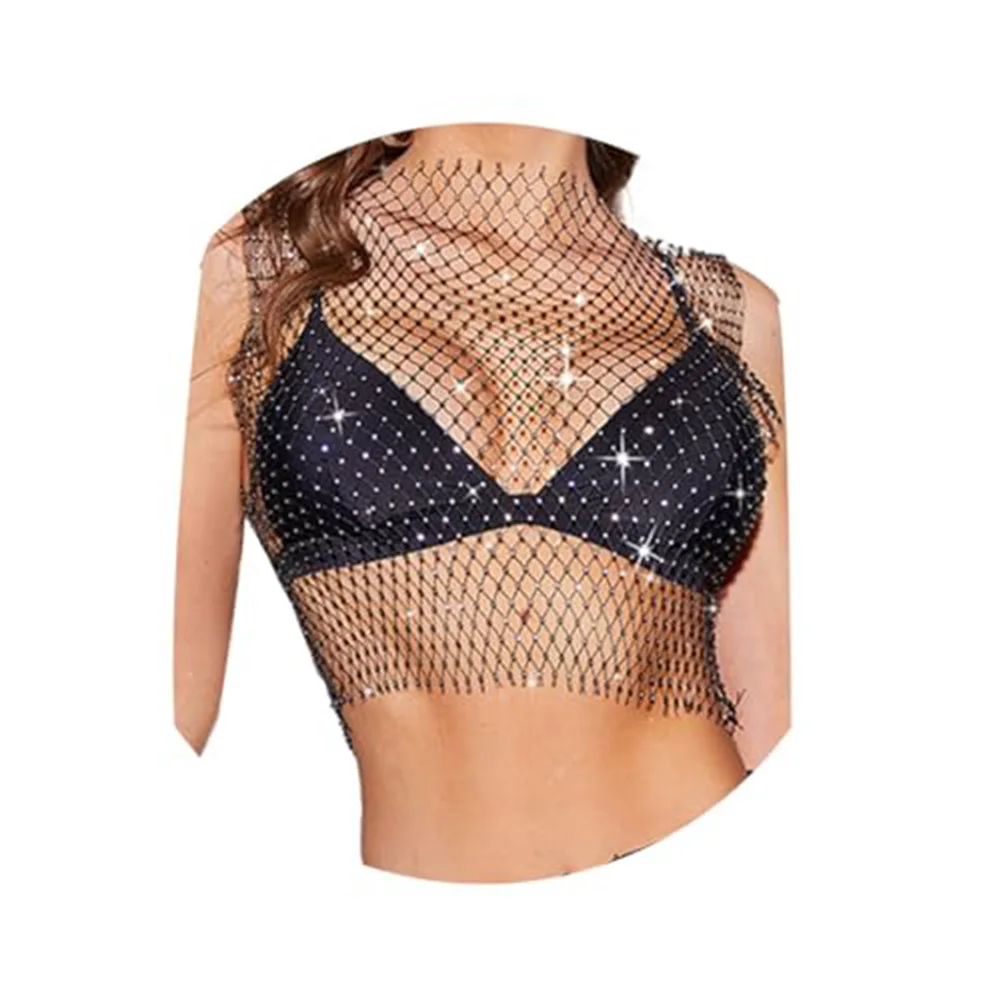 Ideal For Home Suitable For Holiday Pink Rhinestone Fishnet Top Sexy Fishnet Top For Vacation Perfect For Vacation