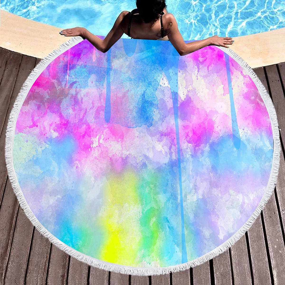 Abstract Watercolor Round Beach Towel,Splashing Ink Lightweight Absorbent Sand Proof Beach Blanket for Swim Sport Beach Gym Yoga