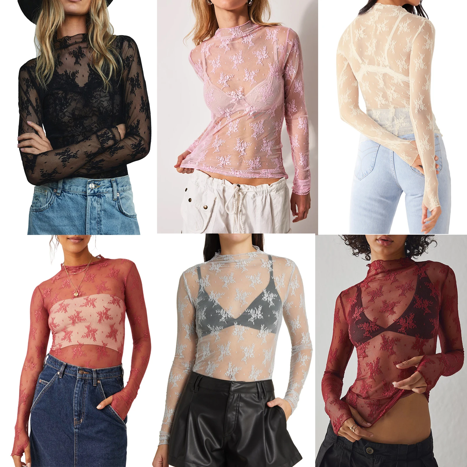 2025New Sexy Lace See-Through Slim Tops For Women Spring High Collar Long Sleeves Crochet Mesh See-Through Mock Neck Lace Shirts
