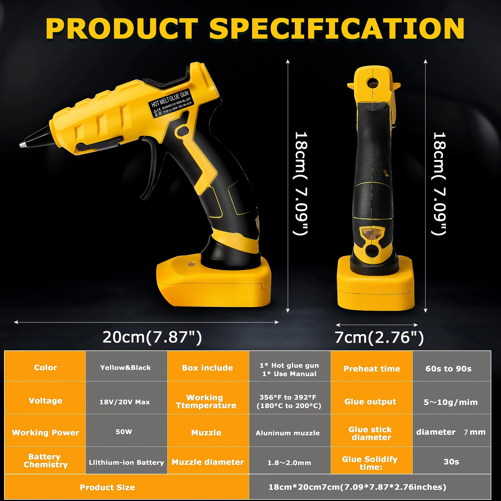 RexLeLXB 50W Cordless Hot Glue Gun Handheld Quick Heating Hot Melt Glue Gun with 30pcs 7mm Sticks for Dewalt 20V Battery Pin