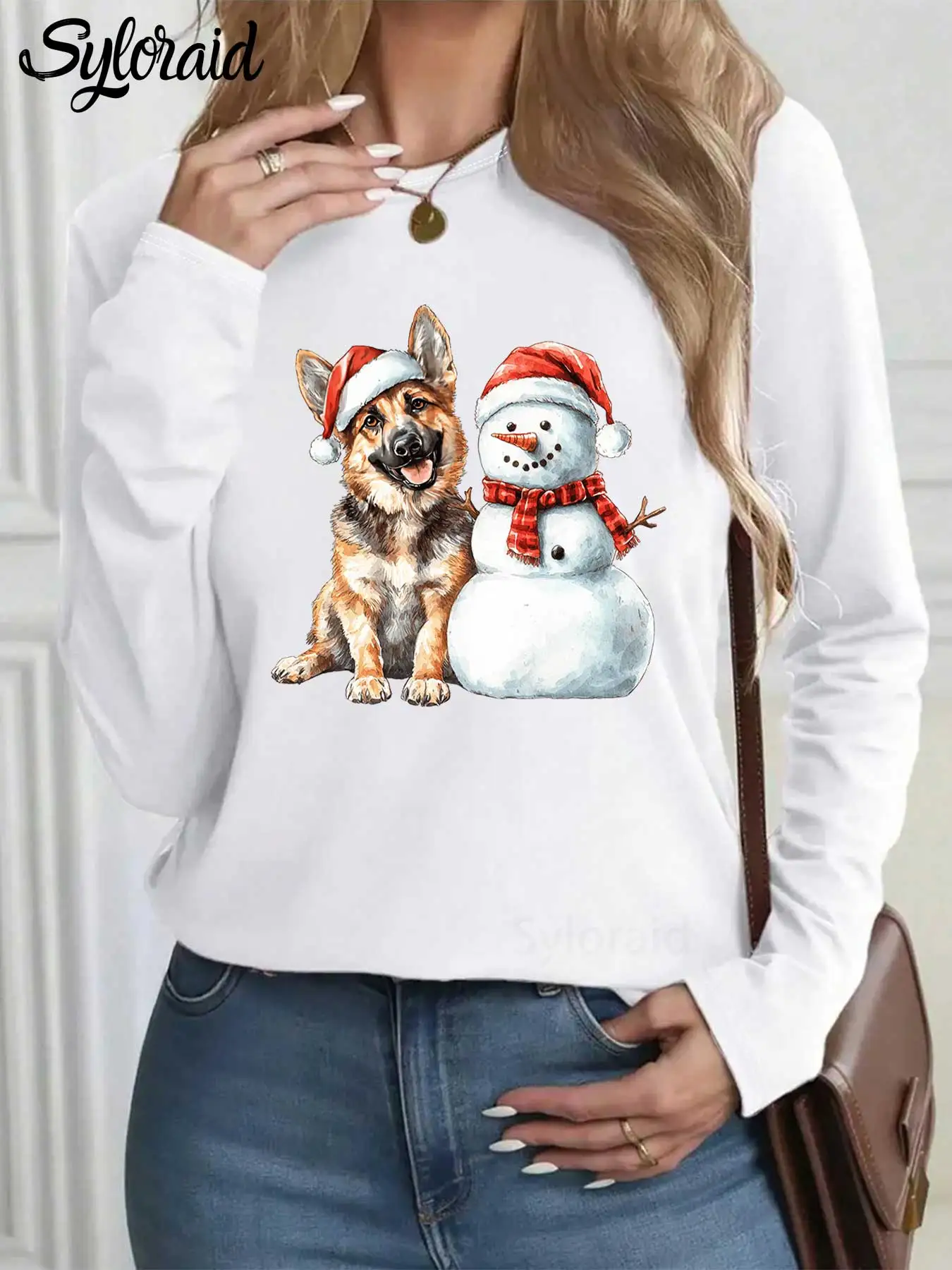 Women's Long Sleeve T ShirtSanta Dog and Snowman Christmas Graphic T ShirtFashion Round Neck Casual Top