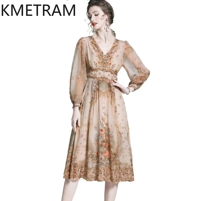 

KMETRAM 100% шелковое платье из тутового шелкопряда, женское, с длинным рукавом, V-образным вырезом, высококачественная летняя одежда, модель 2026 года