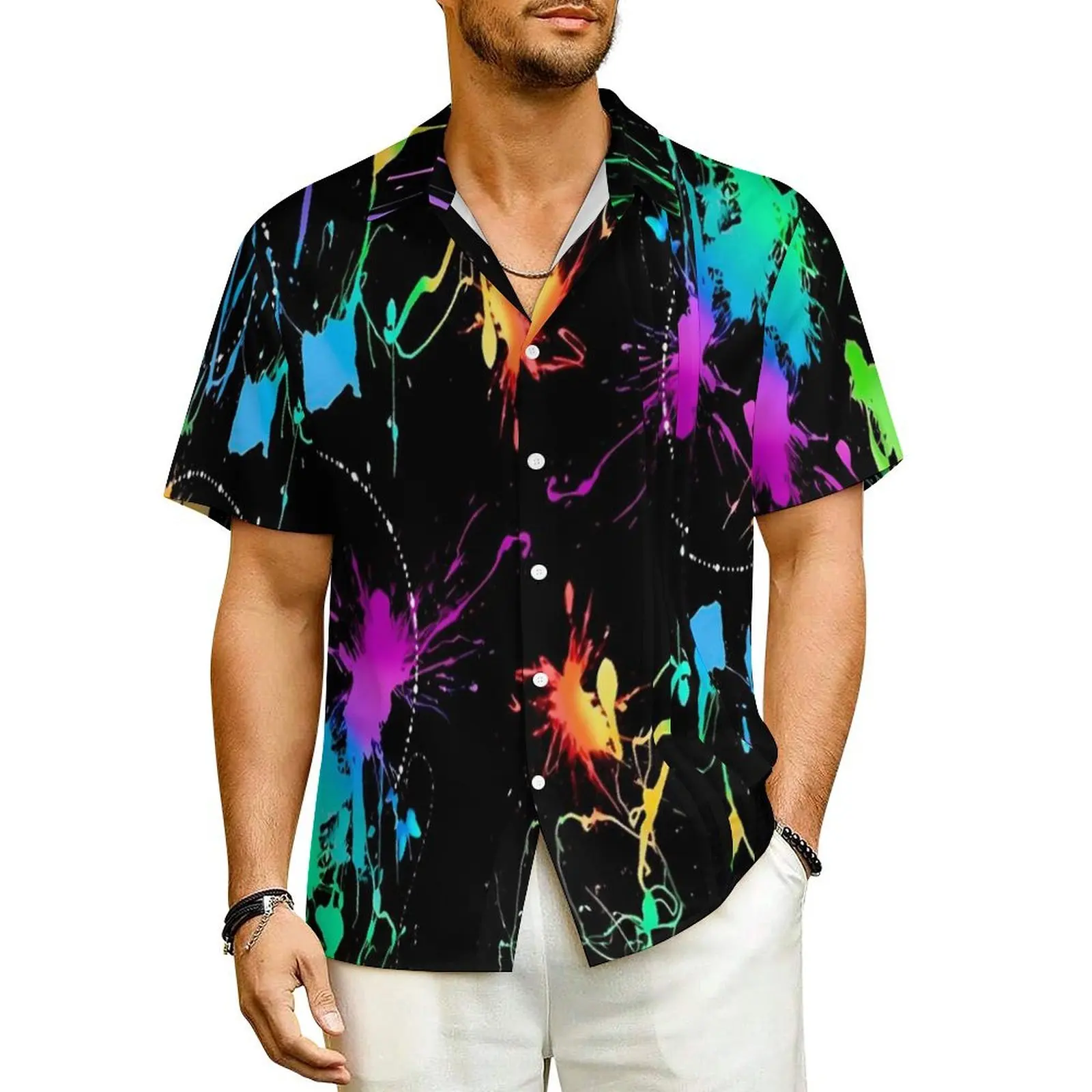 

Neon Pain Splatter Beach Shirt Colorful Print Hawaiian Casual Shirts Male Retro Blouses Short-Sleeved Y2K Funny Pattern Clothing