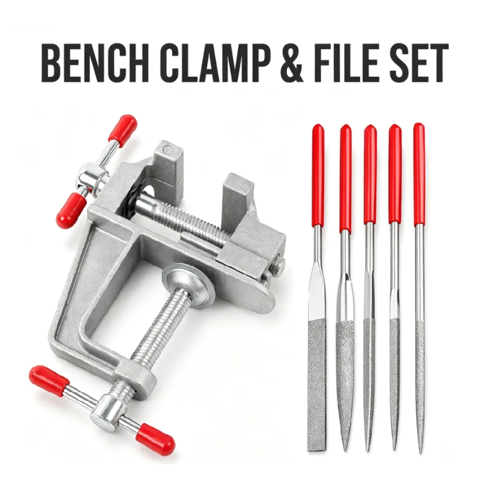 Mini Bench Clamp Vise & Diamond Needle File Set,Table Clamp with Polishing Files for Jewelry Making, Hobby & Small Parts Holding