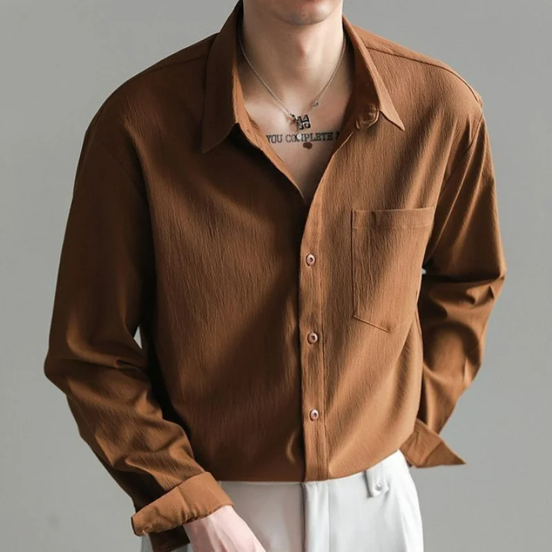 Korean Men Trend Loose Long Sleeve Shirts Spring Autumn Solid Lapel Loose Button Pockets Fashion Casual Ventilate Thin Tops 2024