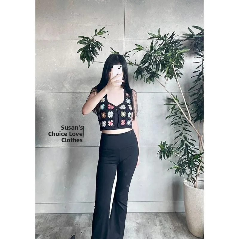 

Susan Faionable Bla Knitted Vest Hand Crochet Embroidery ort Sle Versatile Retro Ele Casual Women's Top