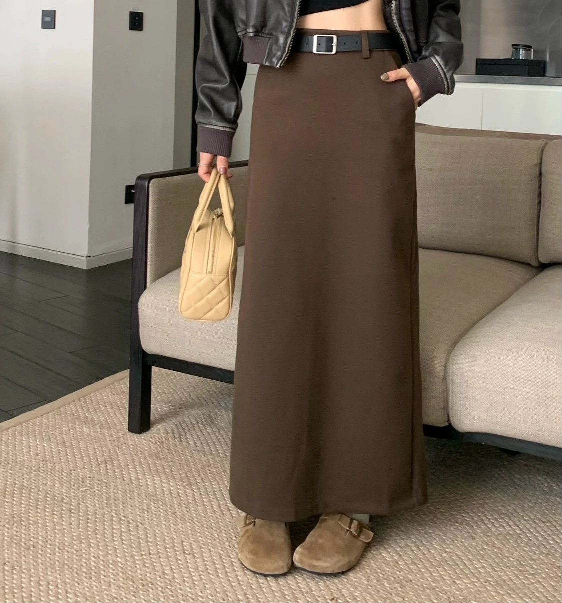 Woolen Bag Hip Rock Damen Herbst und Winter New Casual Vielseitiger Halbrock Hohe Taille Mittellanger A-Linien-Rock