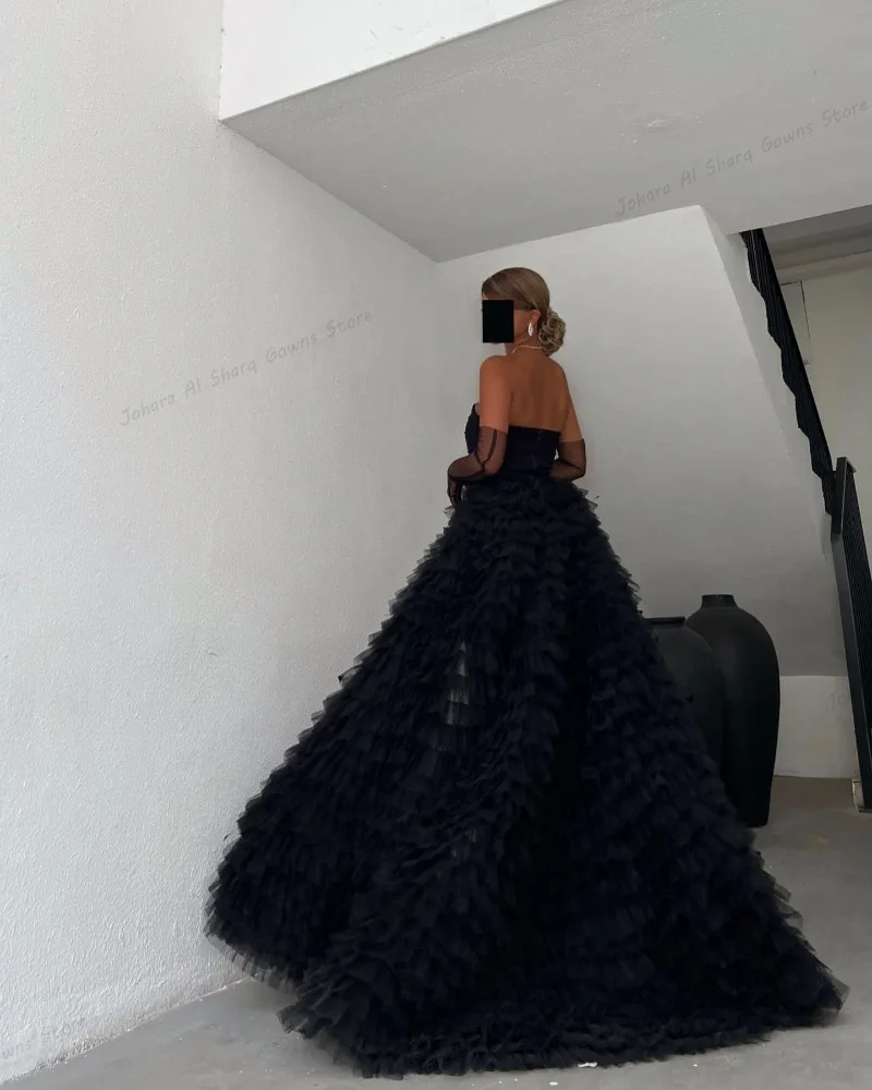 Black Strapless Evening Dresses with Detachable Multi Layer Tulle Overskirt Formal Gowns Dubai Saudi Wedding Party Customized