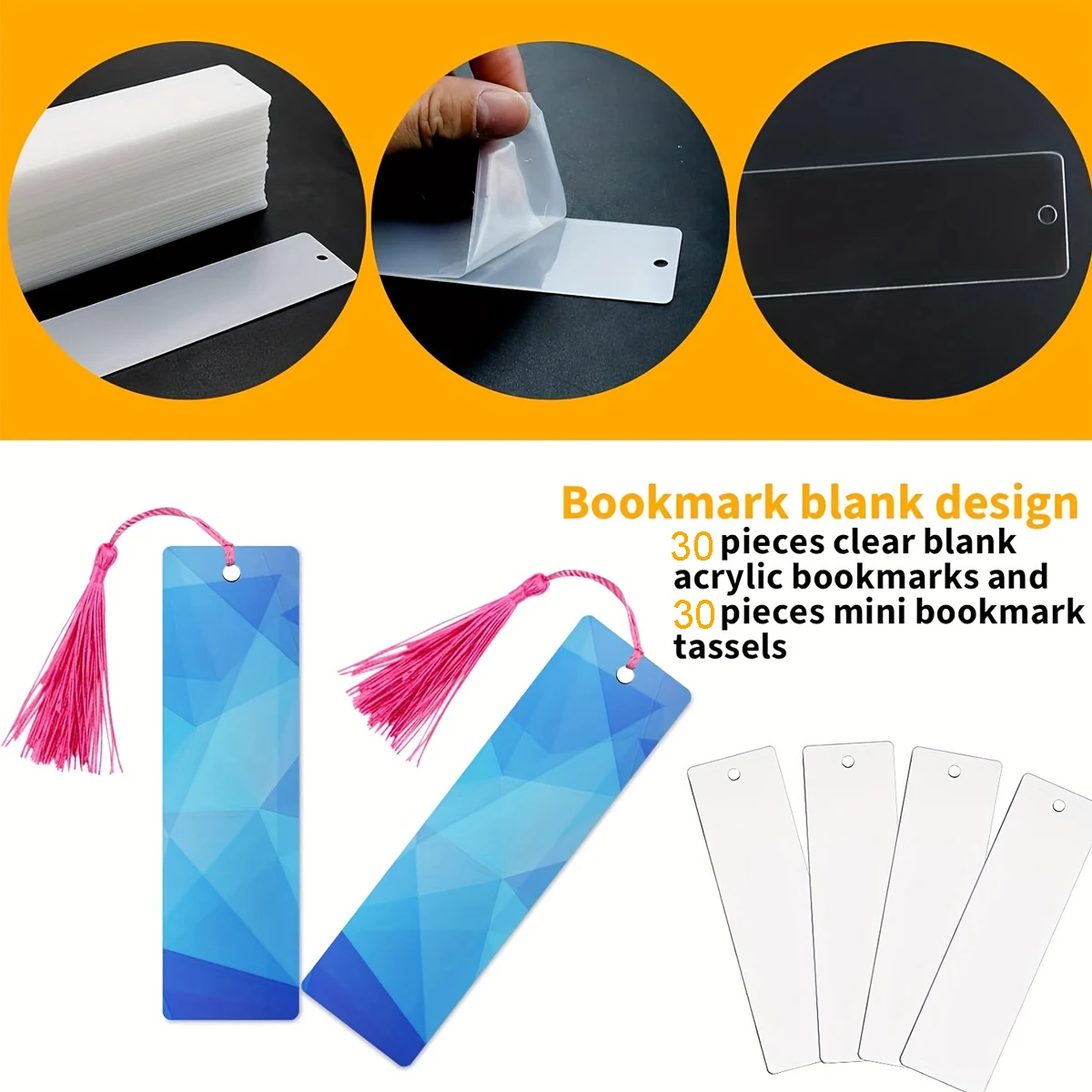 30PCS Transparent Blank Acrylic Rectangular Bookmark Pendants with Long Tassels, DIY Bookmark Decorations, Gift Tags