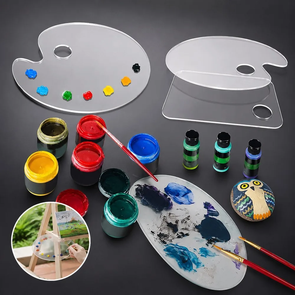 2pcs Transparent Paint Palette with Thumbhole, Non-Stick Artist Tray for Oil Painting, Watercolor, Acrylic & DIY Craft, Easy