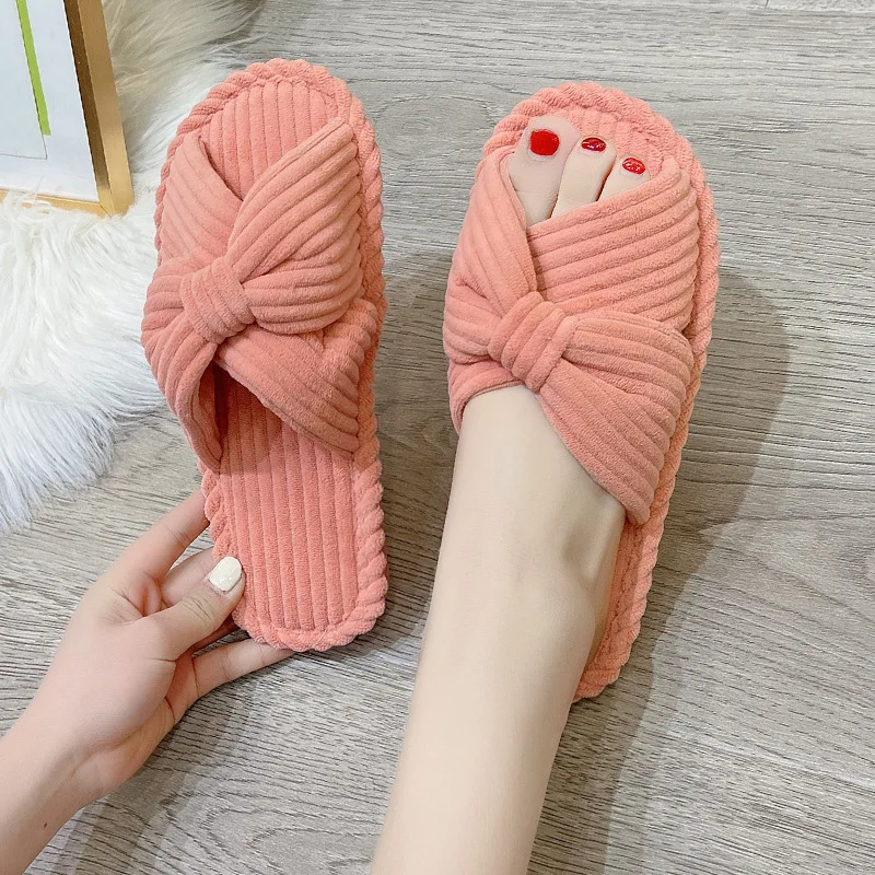 Women Fashion Corduroy Cross Slippers Cute Butterfly-Knot Home Slides Flat Indoor Floor Flip Flops Outdoor Casual Ladies Slipper