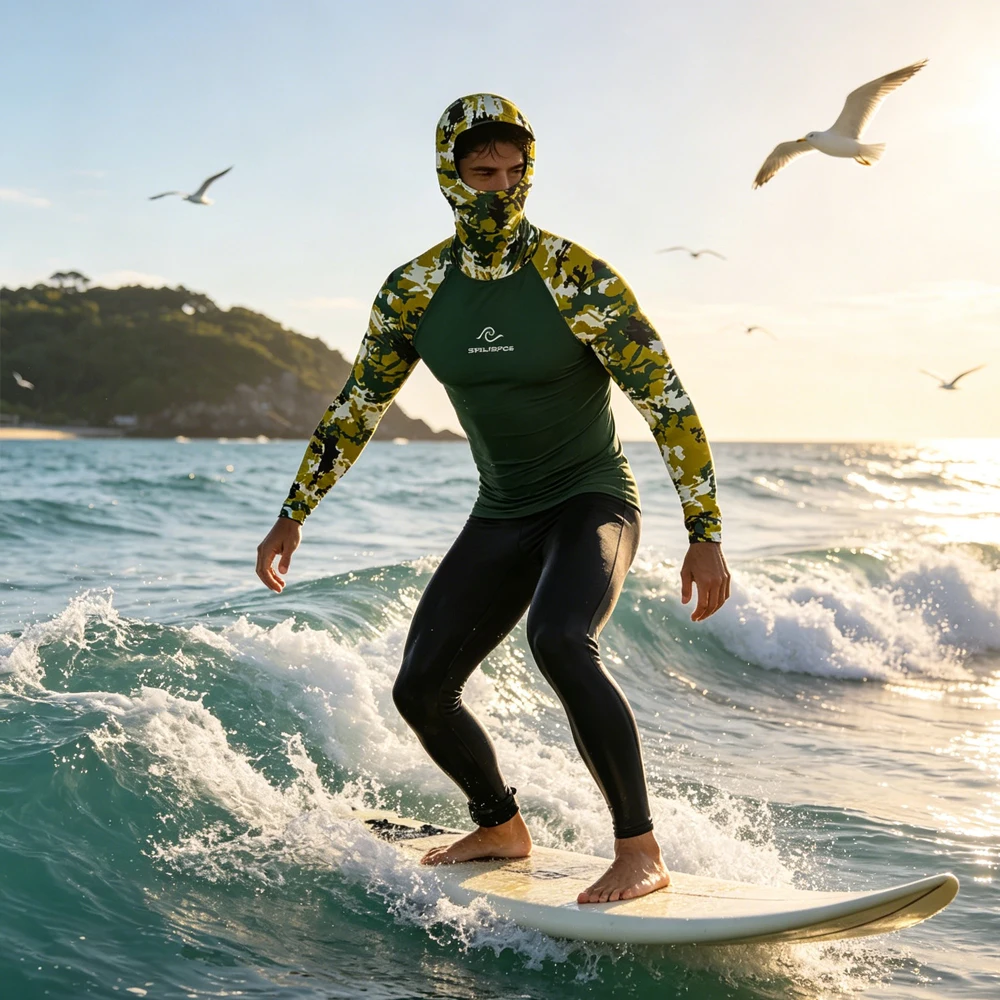 

Men Hooded Long Sleeve Rash Guard Surf Shirt UPF50 UV Protection Surfing Clothing Luxury Sailing Top Wear for Beach Water Sport