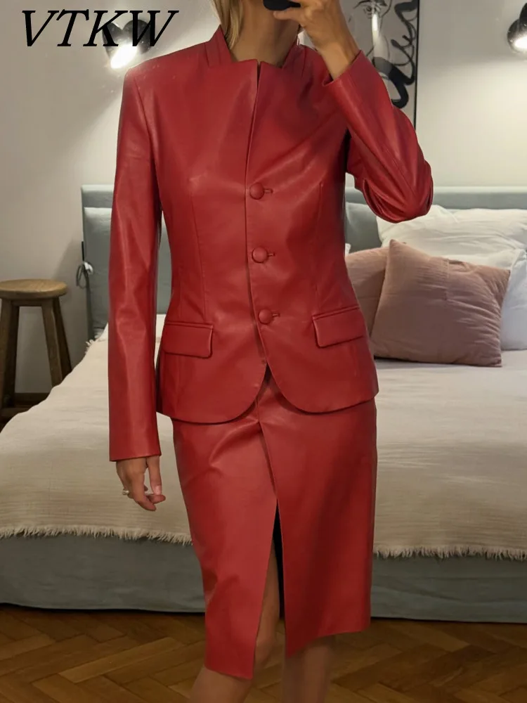 

VTKW 2026 Новый женский комплект из двух предметов: элегантный жакет с длинным рукавом и юбка миди с завышенной талией. Повседневный, праздничный, офисный модный наряд.