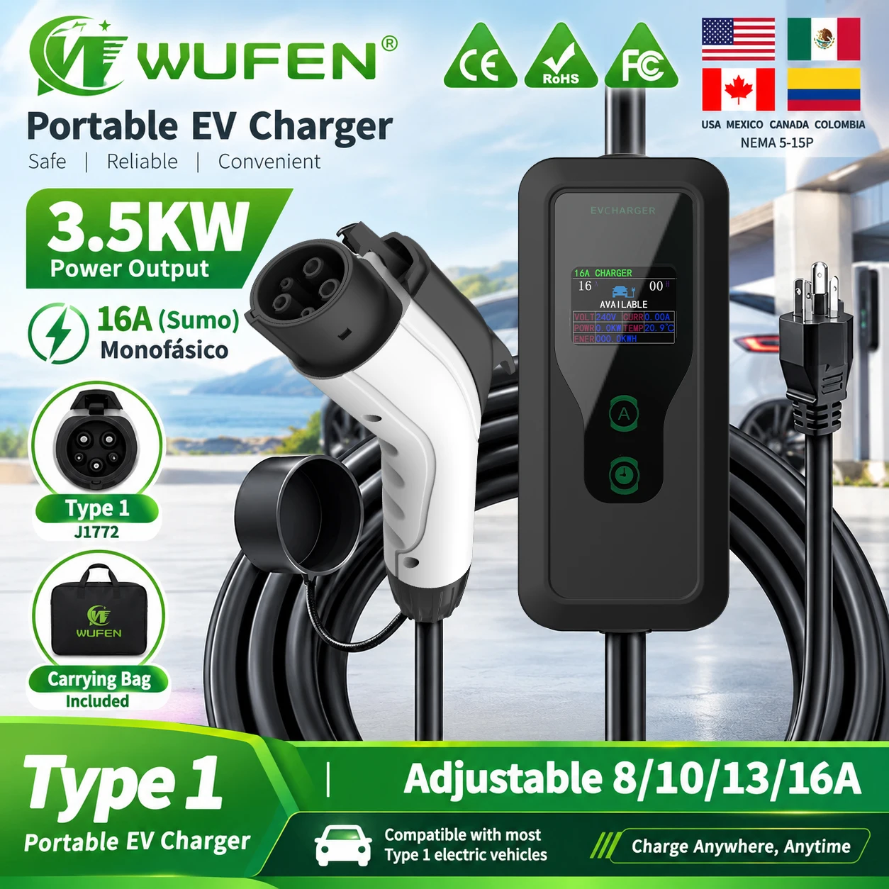 WUFEN Type 1 EV Portable Charger 16A AC Adjustable 8A 10A 13A 16A Max 3.5KW 110V~220V Electric Vehicle Charging J1772 Charger