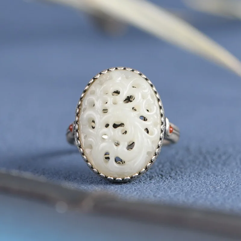 

Openable Hollow Oval Jade Sachet Rings for Women 925 Sterling Silver Ethnic Jewelry Thai Silver Peony Box Ring Vintage Bijoux