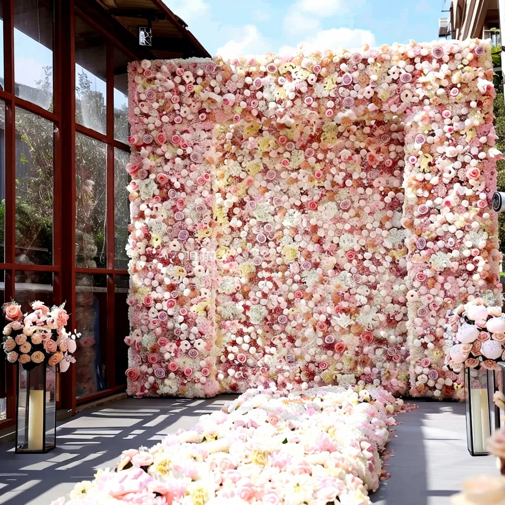 

New Arrivals Exquisite Silk Roses Pink Backdrop With Flowers Wall 8ft For Wedding Mother's Day & Easter Stage Decoration