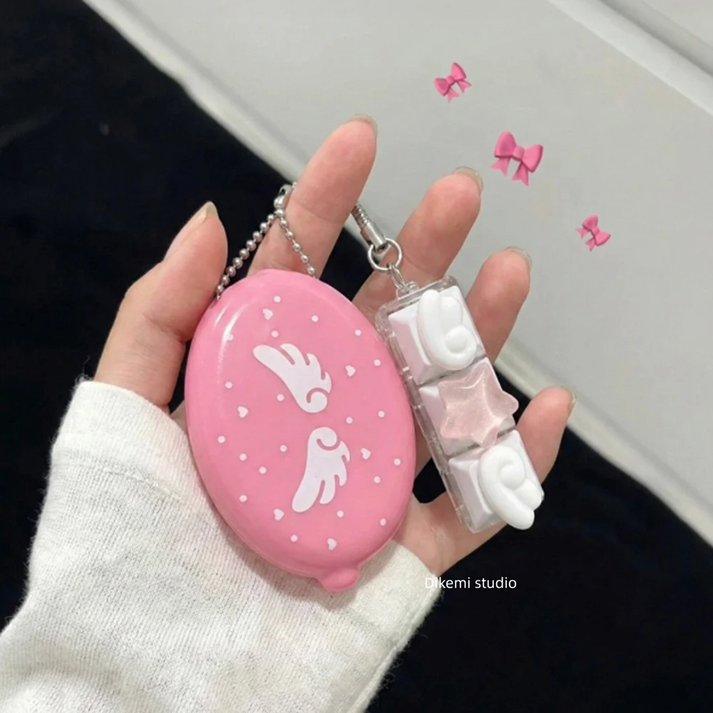 Korean Y2k White Star Angel Wings Printed Wallet Storage Bag Keychain Portable Card Bag Wired Earphone Accessories Pendant