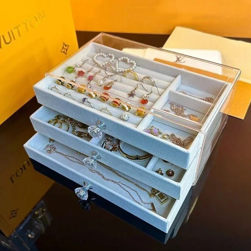 & Organizador de joyas de terciopelo acrílico apilable con 3 cajones para collares, pendientes y pulseras de mujer