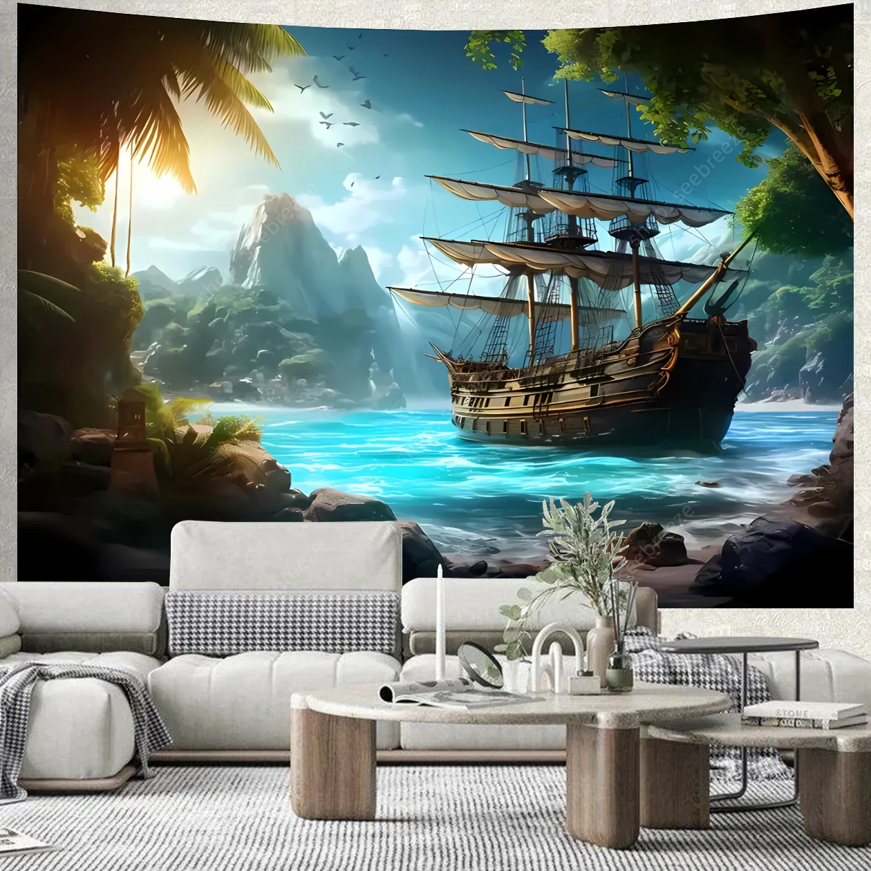 

Ocean Landscape Pirate Ship Sailboat Tapestry Mystic Night Tapestry Wall Hanging for Bedroom Living Room Dorm Decor Beach Towel