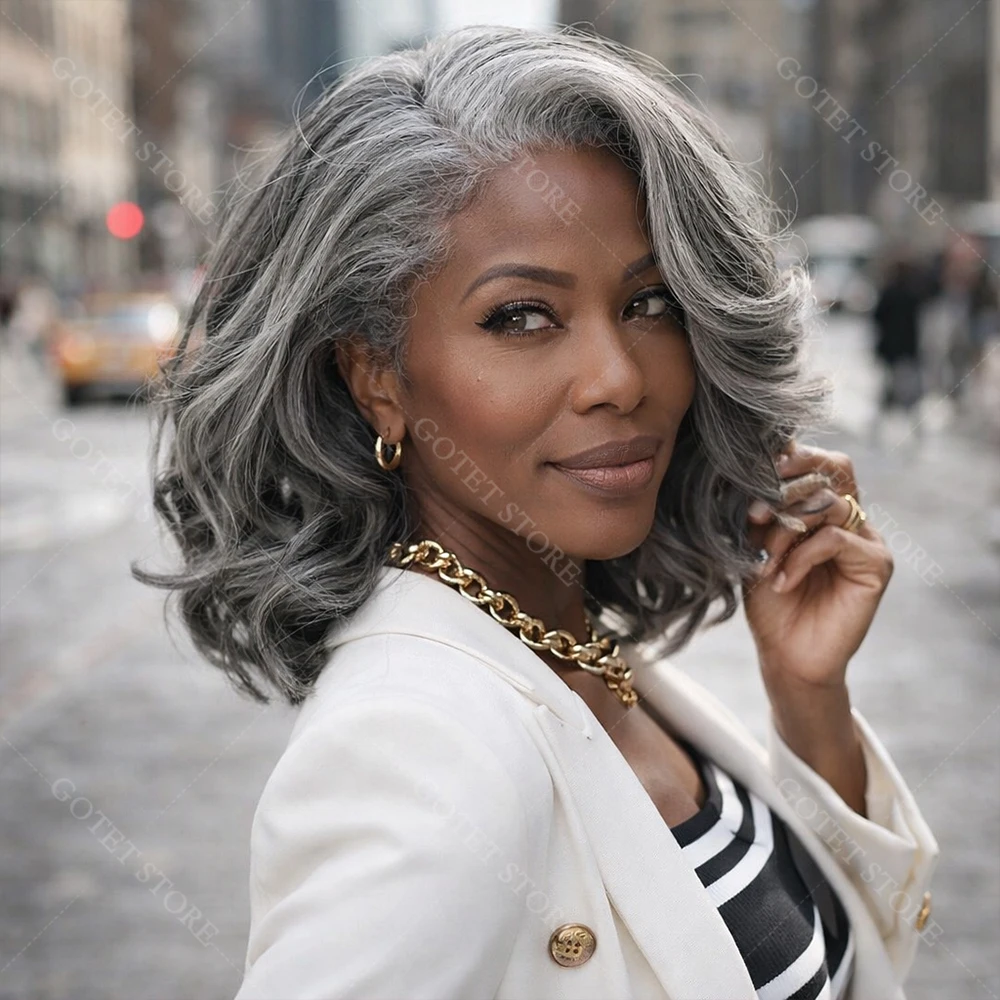 Peluca Bob de encaje HD 5x5 sin desprendimiento ni enredos, de longitud hasta los hombros, color sal y pimienta, de cabello humano real, ondulada, estilo Soul Lady.