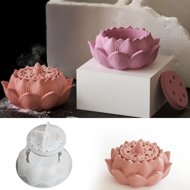 Lotus Aromatherapy Jar Cement Silicone Mold Creative Lotus Shape Storage Box With Lid Epoxy Resin Molds Home Decor Craft Gifts