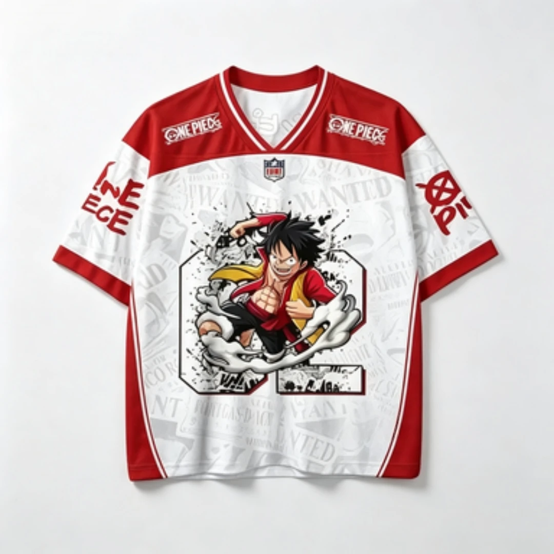 One Piece Luffy Printed V-neck Breathable Mesh Wanted Poster No. 62 Pattern Sports and Leisure Wide Loose Jersey