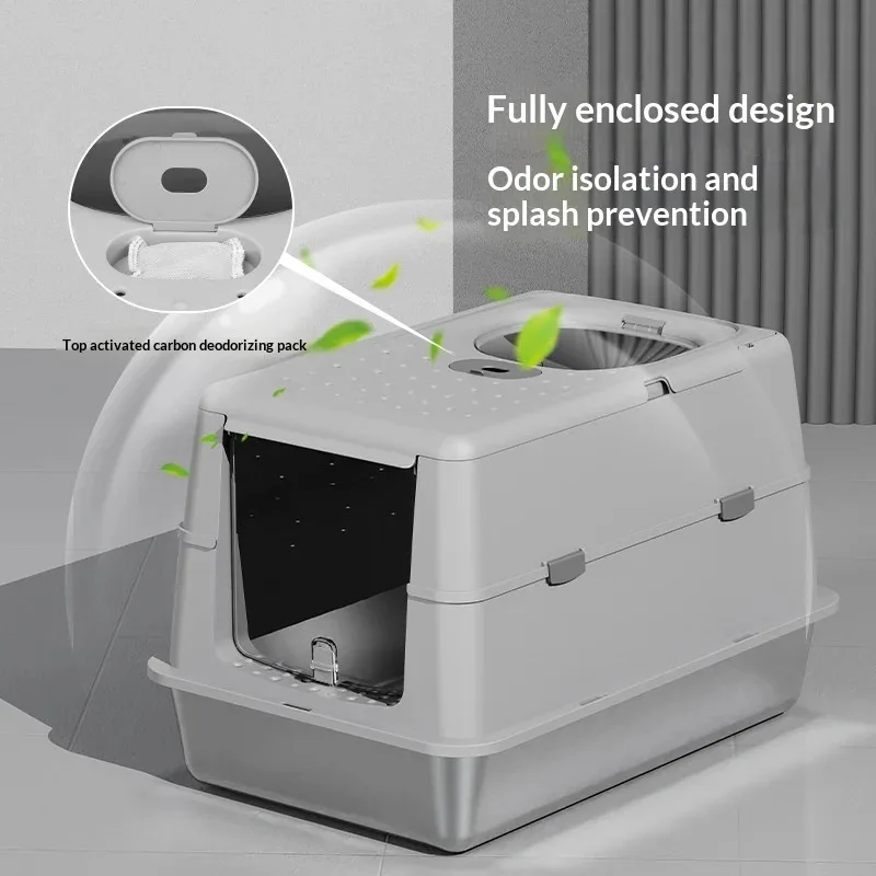 

Enclosed Stainless Steel Cat Litter Box-Jumbo High-Wall Anti-Scatter Design with Flip Lid Hygienic Enclosed Potty for Adult Cats
