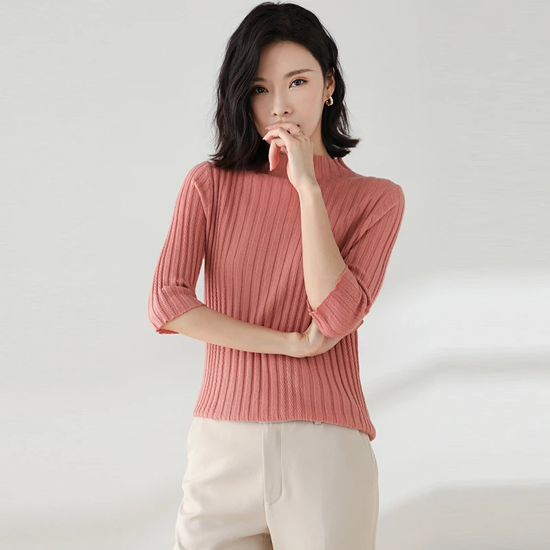 Women's 100% Wool Cashmere Tee Shirts 2022 Spring Ladies Slim Knit Blouse Elegant Female Pure Wool T-Shirts Half Sleeve