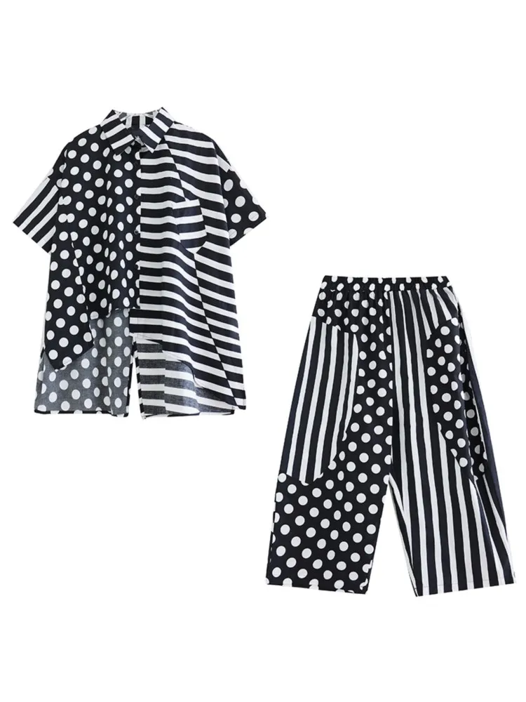 Oversized Polka Dot Striped Print Summer 2 Two Piece Set Women Irregular Pleated Fashion Ladies Shirts Wide Leg Loose Woman Pant