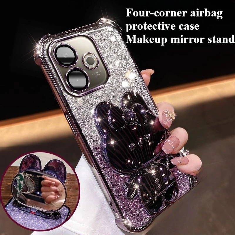 Fashion Glitter Mirror Holder Phone Case For Vivo V60 50 40 E Lite V40Pro Four-coner Enhance Airbag Anti-Fall Protect Back Cover