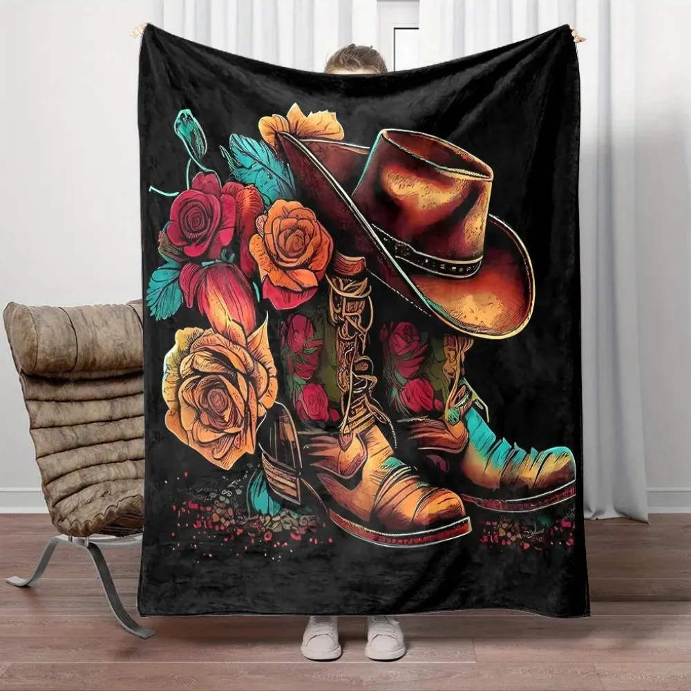 Western cowboy boots and rose patterns Flannel printed blanket suitable for all seasons for living room office sofa and travel