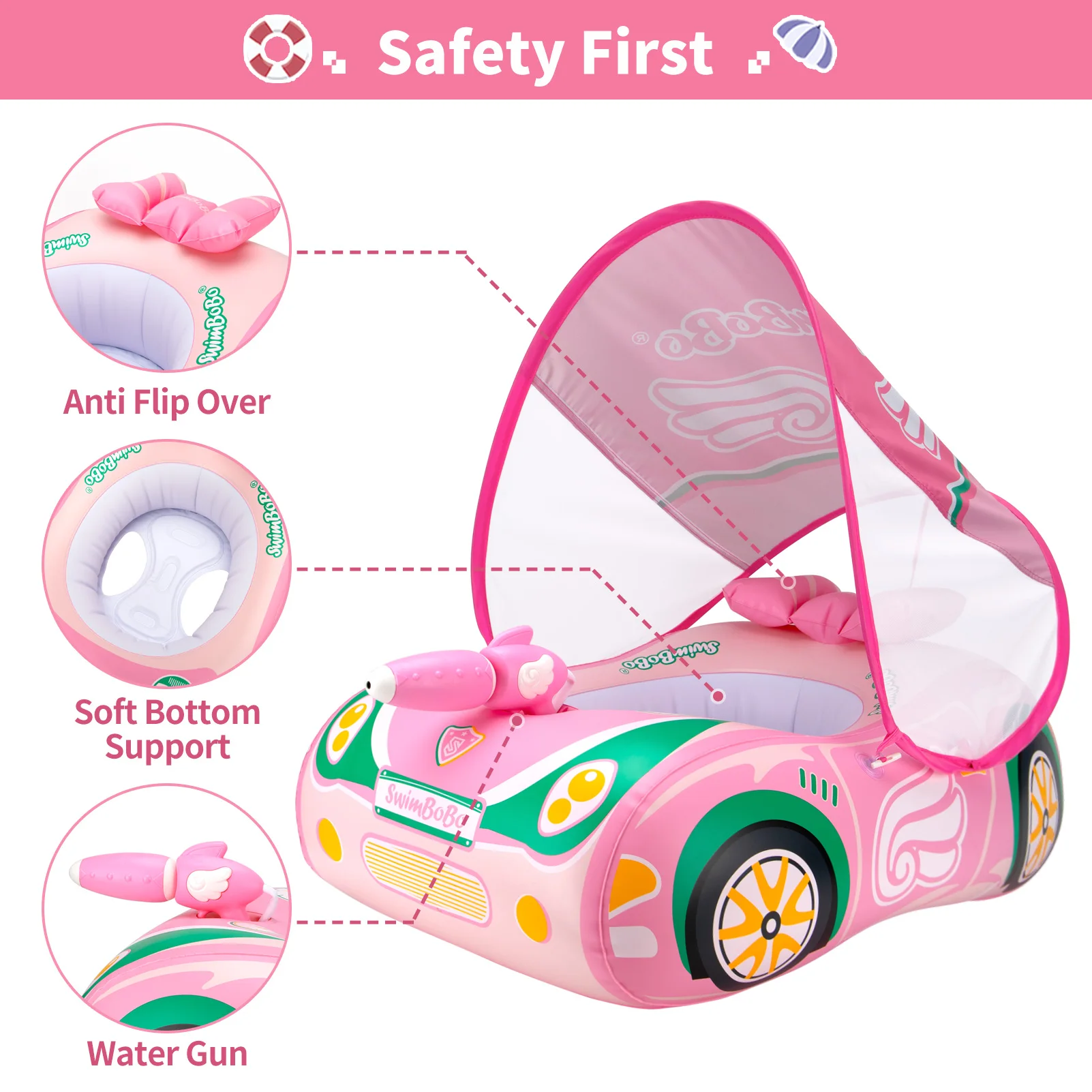 Swimbobo الوردي الاطفال نفخ الأطفال لطيف مقعد السباحة قارب العائمة مدفع المياه طفل لعبة الماء الطفل حلقة تعويم مع المظلة