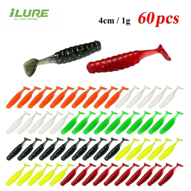 ILURE 60pcs/Lot Fishing Lures Wobblers Soft Bait 4cm/1g Carp Bass Fishing Grub Tackle Artificial Silicone T Tail Bait Swimbait