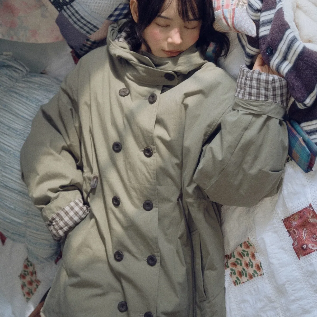 Korean Style Chic Vintage Design Loose Double Button Drawstring Hooded Cotton Jacket Women's Thickened Long Sleeve Coat